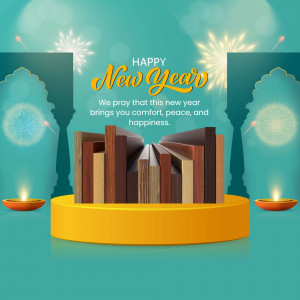 New Year greeting card with books and festive decorations