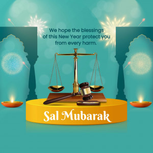 Sal Mubarak greeting with scales of justice and festive decorations