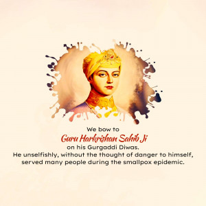 Portrait of Guru Harkrishan Sahib Ji with a watercolor effect background and text commemorating his Gurpurb.