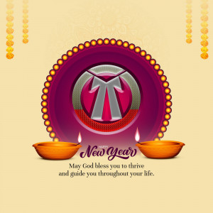 New Year greeting with a traditional Indian diya and decorative elements.