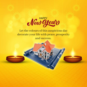 New Year greeting with a house blueprint and traditional lamps
