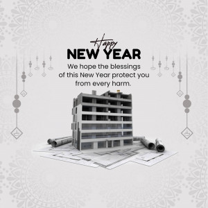 New Year greeting with an architectural blueprint and building design.
