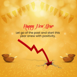 New Year graphic with a falling arrow and oil lamps