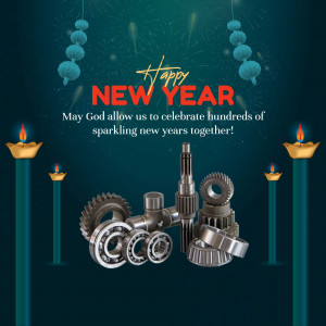 New Year greeting with automotive parts and traditional decorations