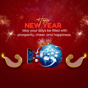New Year greeting with a globe and smartphone, symbolizing global connectivity and prosperity.