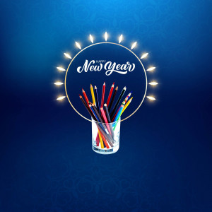 A glass of colorful pencils with a 'Happy New Year' message surrounded by glowing lights.