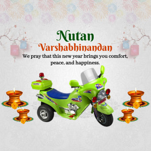 Green ride-on motorcycle with New Year greetings and decorative lamps.