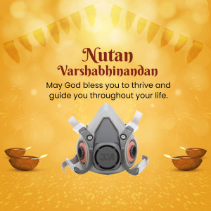 Nutan Varshabhinandan greeting with a gas mask in the foreground and festive decorations.