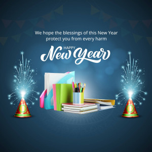 New Year greeting with books, stationery, and fireworks