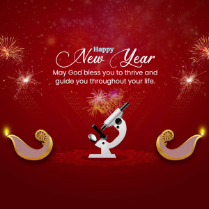 New Year greeting with fireworks, a microscope, and traditional oil lamps.