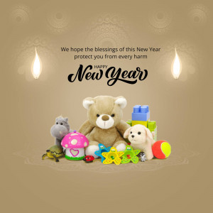 New Year greeting with teddy bear and children's toys
