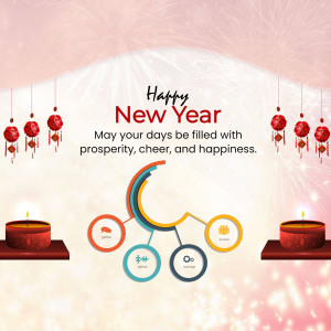 New Year greeting with lanterns, candles, and abstract design