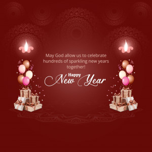 New Year greeting with balloons, gifts, and candles