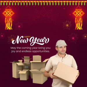 Delivery person with packages and New Year decorations