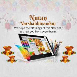 New Year greeting card with laptop, art supplies, and festive decorations.