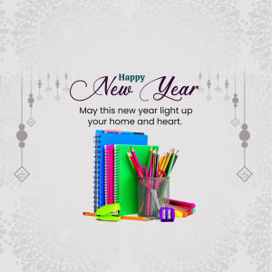 Happy New Year greeting with school supplies