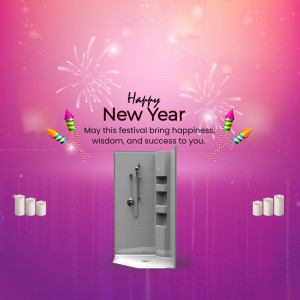 New Year promotion featuring a shower enclosure and festive fireworks.
