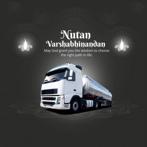 Image of a white truck with the text 'Nutan Varshabhinandan' and a blessing.