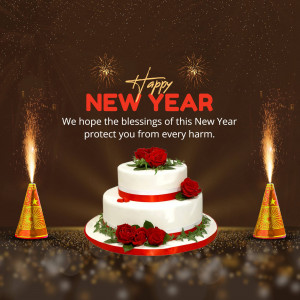 New Year celebration with a cake and fireworks