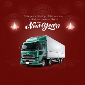 New Year greeting card featuring a green truck and festive decorations.
