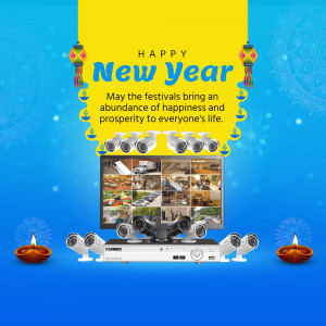 New Year promotion featuring security cameras and a festive background.