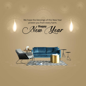 New Year greeting with a cozy living room scene and warm wishes.