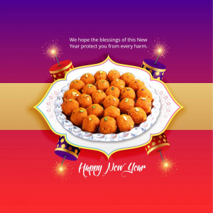 A festive image of Indian sweets (ladoos) with fireworks for New Year celebrations.