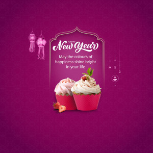 New Year greeting with cupcakes and festive decorations