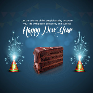 A slice of chocolate cake with New Year fireworks and party hats.