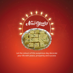 A plate of Burfi sweets with a New Year greeting