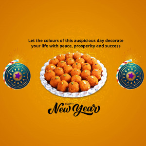 Plate of orange ladoos with festive decorations for New Year