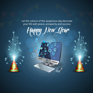 Happy New Year graphic with a computer and fireworks