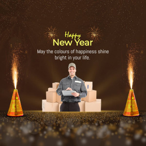 Delivery person with packages and New Year fireworks