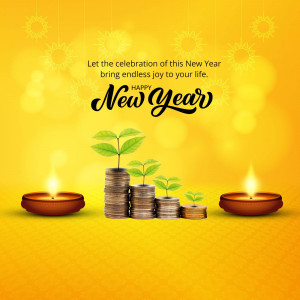 New Year greeting with coins stacked like plants and lit lamps