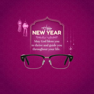 New Year greeting with glasses and festive decorations