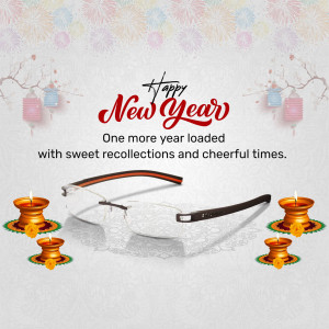 New Year greeting with Lenskart eyeglasses and festive decorations