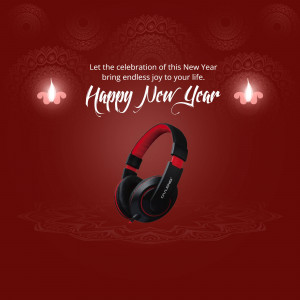 Headphones with a Happy New Year greeting and traditional decorations.