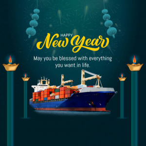 New Year greeting with a cargo ship and festive lights