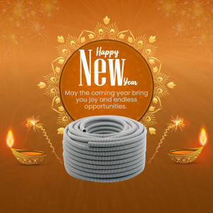 Happy New Year greeting with an electrical wire coil and Diwali lamps