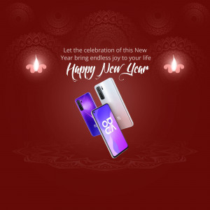 Oppo smartphone with New Year greetings and decorations
