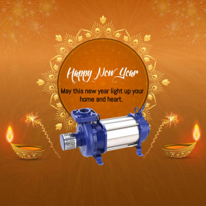 New Year promotion featuring a water pump and festive decorations.