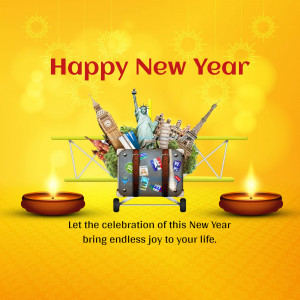 Happy New Year graphic with travel landmarks and lit lamps