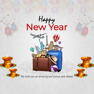 New Year celebration with travel elements like suitcases, landmarks, and airplanes.