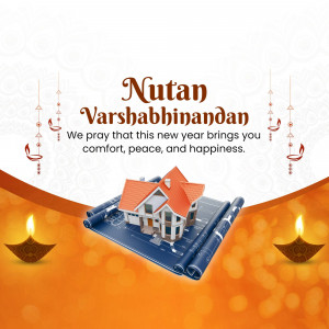 Nutan Varshabhinandan greeting with a house blueprint and traditional lamps.