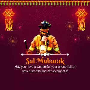 Firefighter with Diwali lanterns and 'Sal Mubarak' greeting