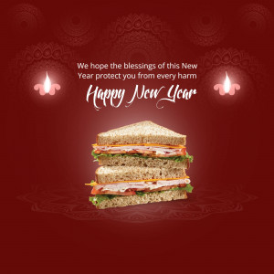 A New Year greeting with a sandwich image.