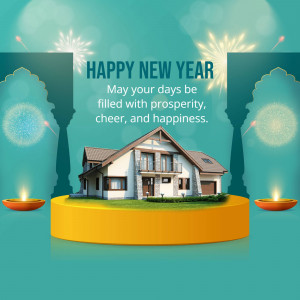 New Year greeting with a house, fireworks, and traditional lamps