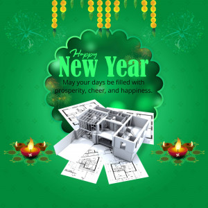 New Year greeting with a house blueprint and festive decorations.