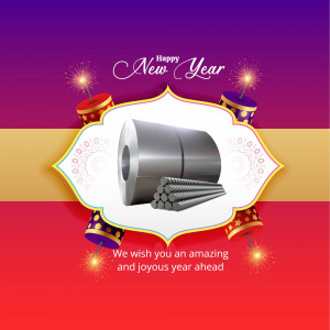 New Year greeting with steel products and festive decorations