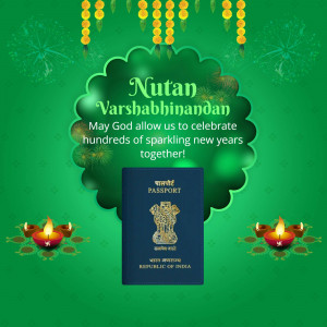 New Year greeting with an Indian passport and festive decorations.